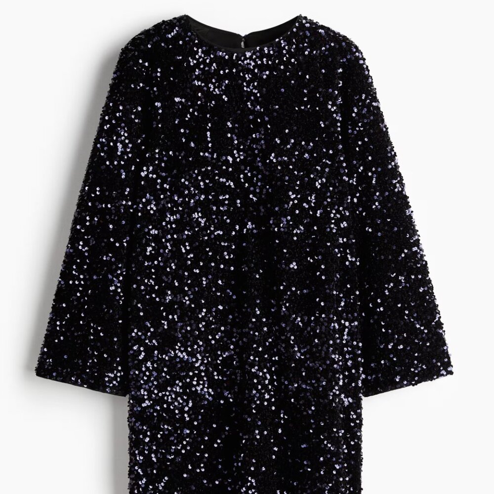 NWT H&M Navy Blue Sequined Dress Flared Sleeves Size M